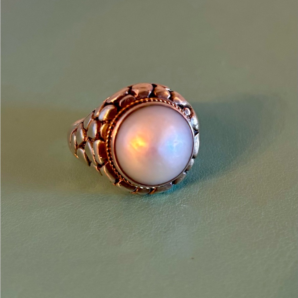Artisan Crafted Sterling Silver Genuine Mabe Pearl Ring w 14k Yellow Gold Accent